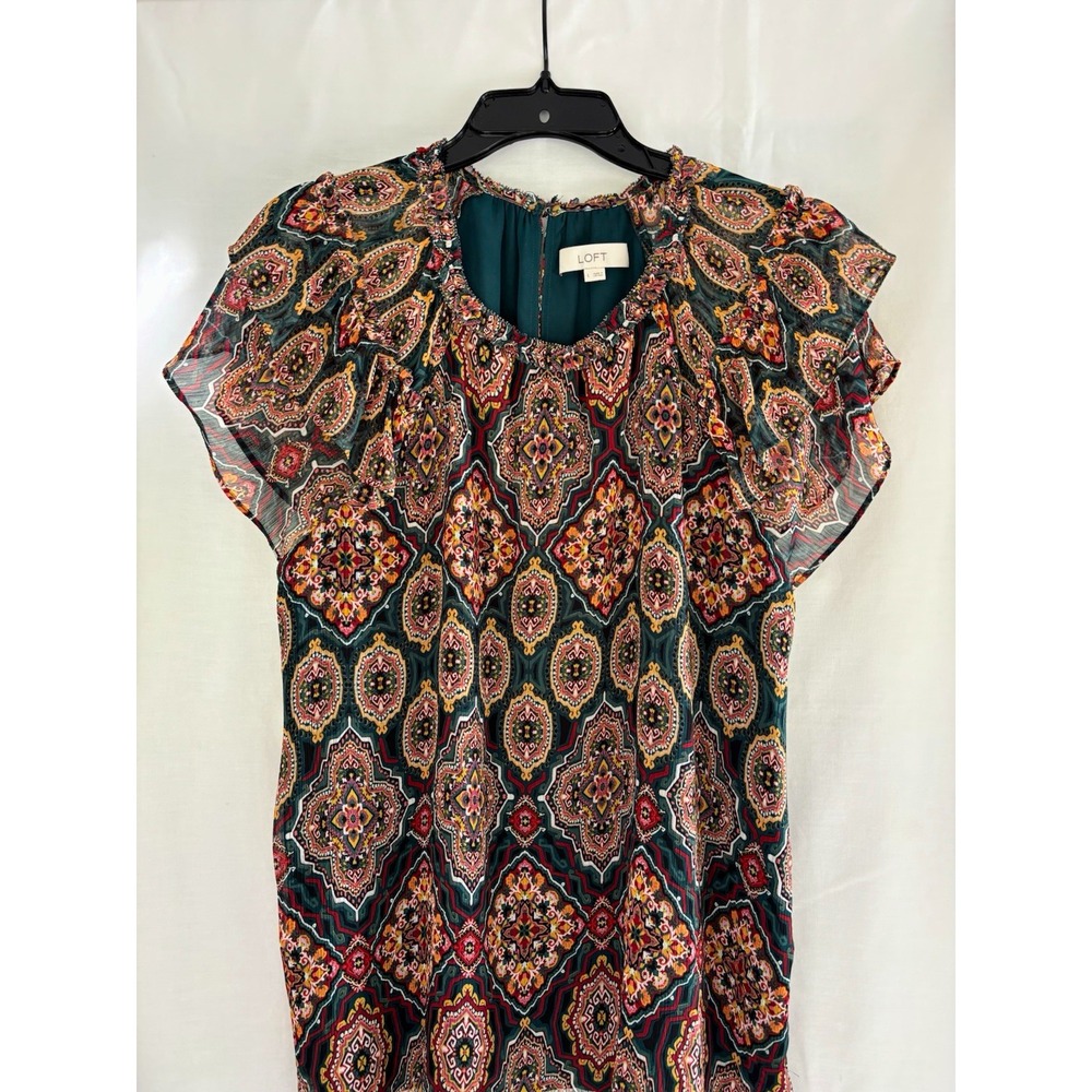 LOFT Women's Multicolor Geometric Flutter Sleeve Ruffle Round Neck Blouse L